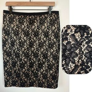 TALBOTS Black Lace Gold Satin Underlay Career Pencil Skirt | Size 10